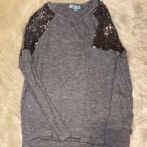 She and Sky Gray Long Sleeve Top with Sequin Accents
